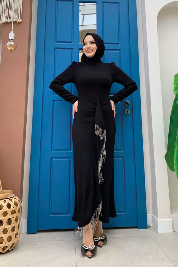 فستان سهرة ذو سلسلة أمامية مزين بشراشيب موديل سمكي 3810 أسود - 5