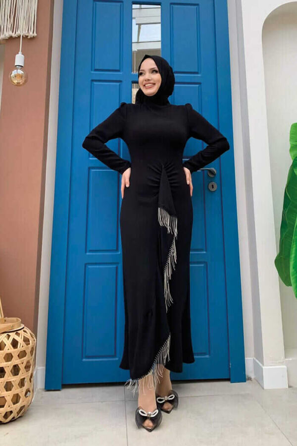Abendkleid mit Fischmotiv und Quastendetail vorne, Modell 3810, Schwarz - 1