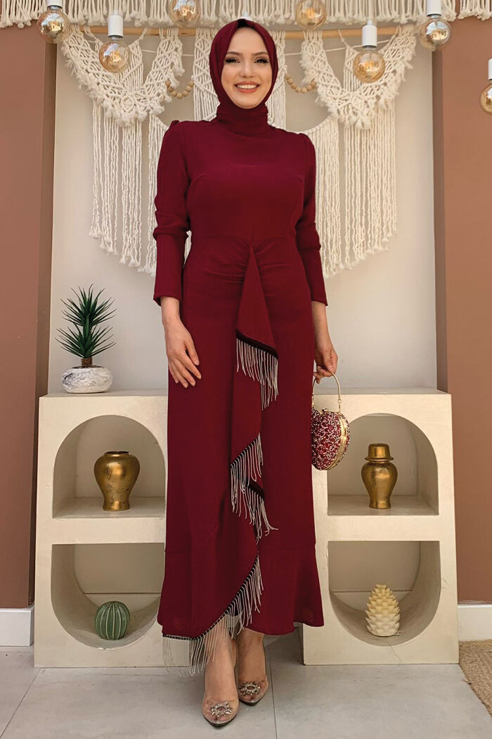 Front Chain Tassel Detail Fish Model Evening Dress 3810 Claret Red - 4