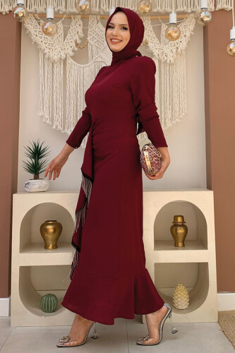 Front Chain Tassel Detail Fish Model Evening Dress 3810 Claret Red - 6