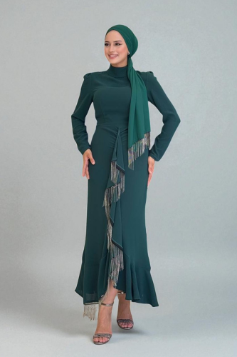 Abendkleid mit Fischmotiv und Quastendetail vorne, Modell 3810 Smaragd 