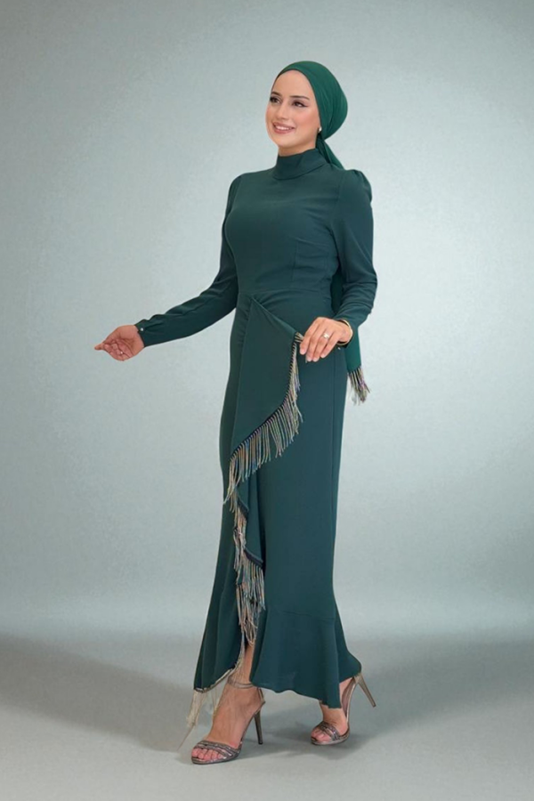 Front Chain Tassel Detail Fish Model Evening Dress 3810 Emerald - 3