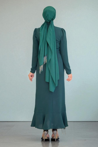 Front Chain Tassel Detail Fish Model Evening Dress 3810 Emerald - 2