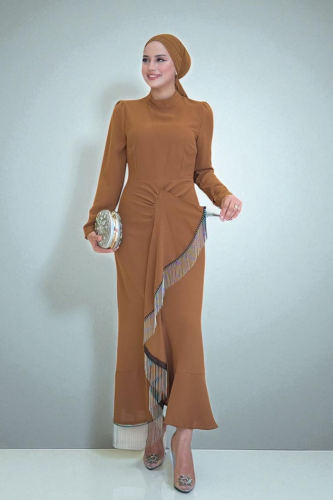 Front Chain Tassel Detail Fish Model Evening Dress 3810 Tan 