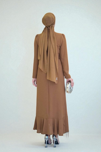 Front Chain Tassel Detail Fish Model Evening Dress 3810 Tan - 2