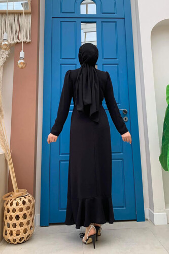 Ön Zincir Püskül Detay Balık Model Abiye Elbise 3810 Siyah - 7