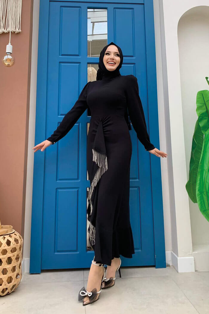 Ön Zincir Püskül Detay Balık Model Abiye Elbise 3810 Siyah - 3
