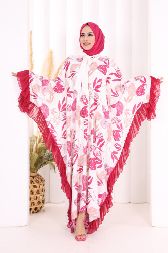 Yaprak Desenli Şifon Fırfır Detaylı Yarasakol Elbise 3816 Fuşya