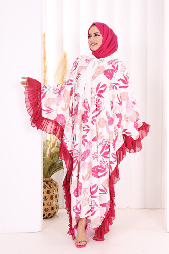 Yaprak Desenli Şifon Fırfır Detaylı Yarasakol Elbise 3816 Fuşya - 2