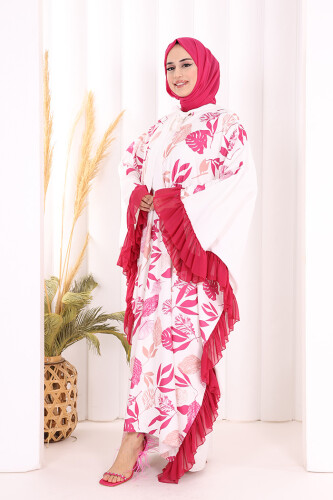 Yaprak Desenli Şifon Fırfır Detaylı Yarasakol Elbise 3816 Fuşya - 3