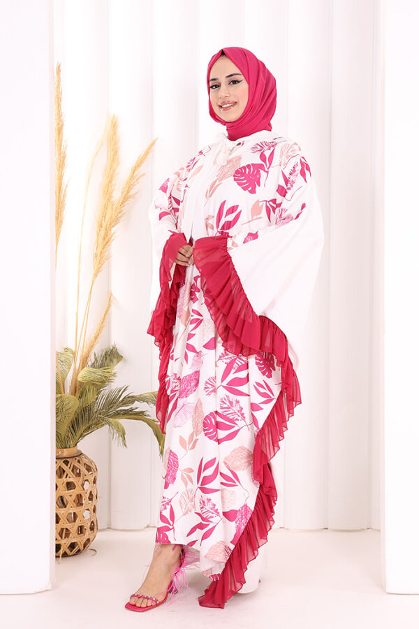 Yaprak Desenli Şifon Fırfır Detaylı Yarasakol Elbise 3816 Fuşya - 3