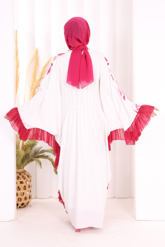 Yaprak Desenli Şifon Fırfır Detaylı Yarasakol Elbise 3816 Fuşya - 4