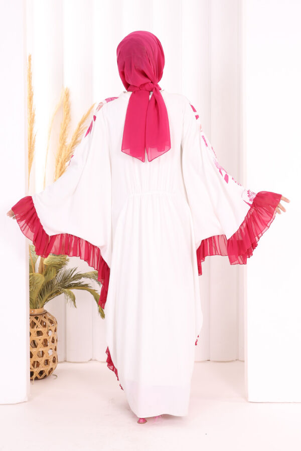 Yaprak Desenli Şifon Fırfır Detaylı Yarasakol Elbise 3816 Fuşya - 4