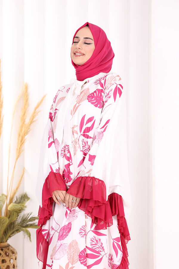 Yaprak Desenli Şifon Fırfır Detaylı Yarasakol Elbise 3816 Fuşya - 5