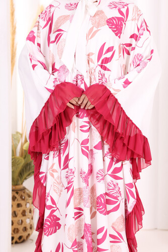 Yaprak Desenli Şifon Fırfır Detaylı Yarasakol Elbise 3816 Fuşya - 6