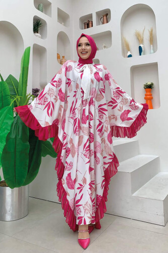 Yaprak Desenli Şifon Fırfır Detaylı Yarasakol Elbise 3816 Fuşya - 7