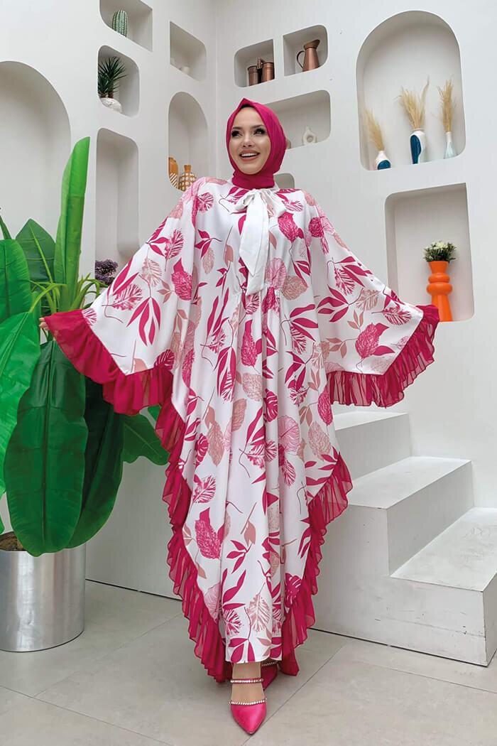 Yaprak Desenli Şifon Fırfır Detaylı Yarasakol Elbise 3816 Fuşya - 7