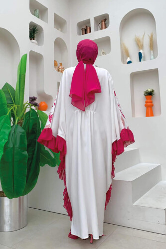 Yaprak Desenli Şifon Fırfır Detaylı Yarasakol Elbise 3816 Fuşya - 9