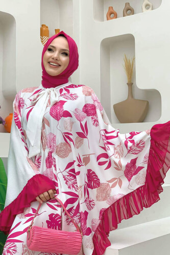 Yaprak Desenli Şifon Fırfır Detaylı Yarasakol Elbise 3816 Fuşya - 10