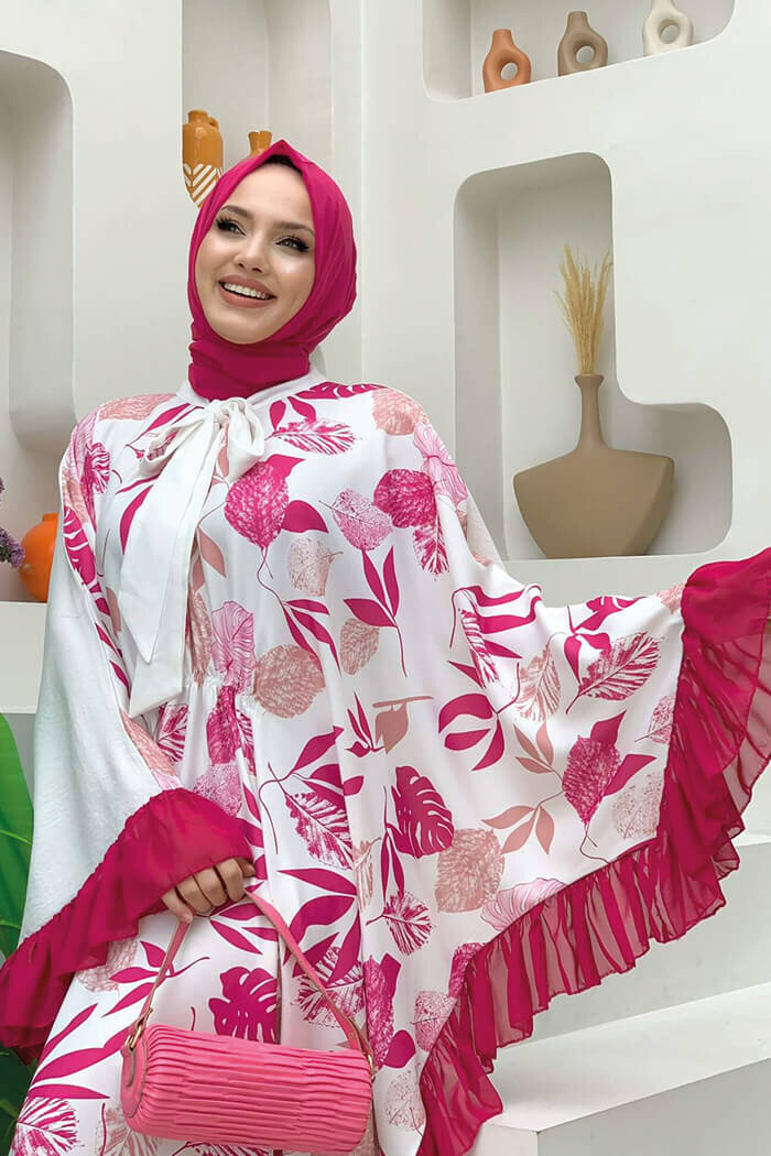 Yaprak Desenli Şifon Fırfır Detaylı Yarasakol Elbise 3816 Fuşya - 10