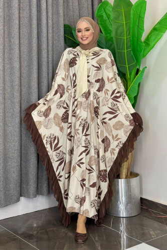 Yaprak Desenli Şifon Fırfır Detaylı Yarasakol Elbise 3816 Kahverengi - Bym Fashion
