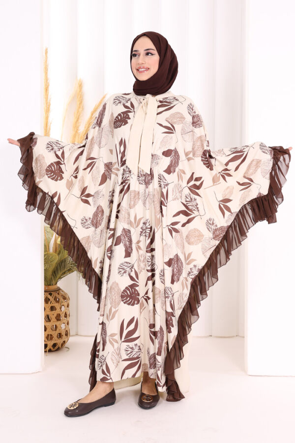Yaprak Desenli Şifon Fırfır Detaylı Yarasakol Elbise 3816 Kahverengi - 1
