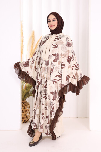 Yaprak Desenli Şifon Fırfır Detaylı Yarasakol Elbise 3816 Kahverengi - 3