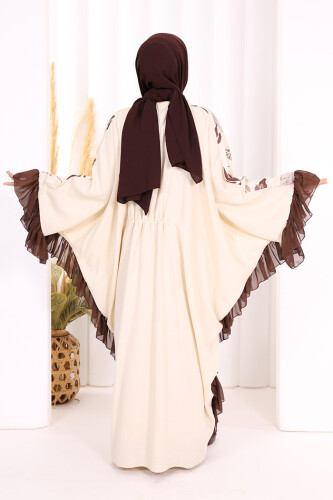 Yaprak Desenli Şifon Fırfır Detaylı Yarasakol Elbise 3816 Kahverengi - 4