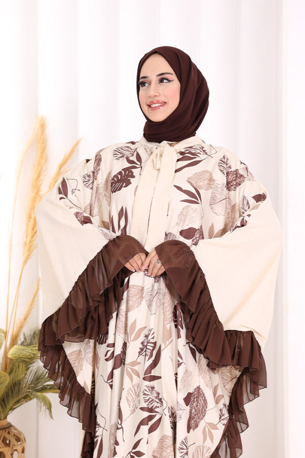 Yaprak Desenli Şifon Fırfır Detaylı Yarasakol Elbise 3816 Kahverengi - 5
