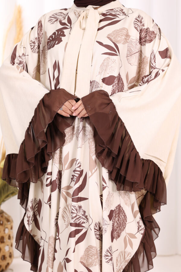Yaprak Desenli Şifon Fırfır Detaylı Yarasakol Elbise 3816 Kahverengi - 6