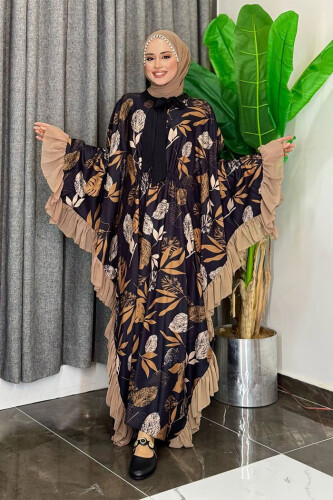 Yaprak Desenli Şifon Fırfır Detaylı Yarasakol Elbise 3816 Vizon - Bym Fashion