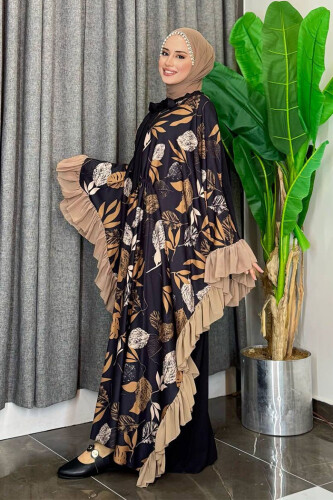 Yaprak Desenli Şifon Fırfır Detaylı Yarasakol Elbise 3816 Vizon - 2