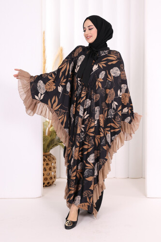 Yaprak Desenli Şifon Fırfır Detaylı Yarasakol Elbise 3816 Vizon - 1