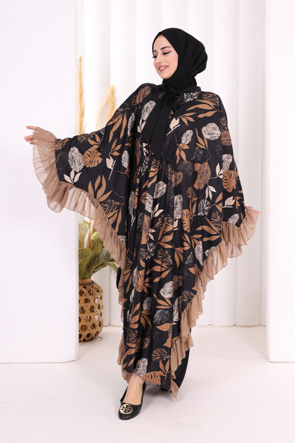 Yaprak Desenli Şifon Fırfır Detaylı Yarasakol Elbise 3816 Vizon - 1