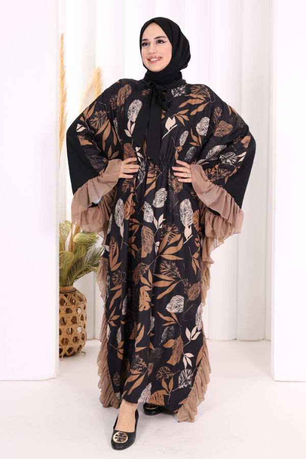 Yaprak Desenli Şifon Fırfır Detaylı Yarasakol Elbise 3816 Vizon - 2