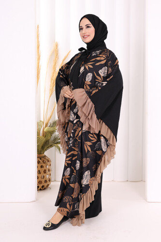 Yaprak Desenli Şifon Fırfır Detaylı Yarasakol Elbise 3816 Vizon - 3
