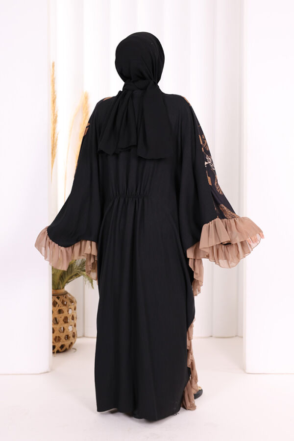 Yaprak Desenli Şifon Fırfır Detaylı Yarasakol Elbise 3816 Vizon - 4