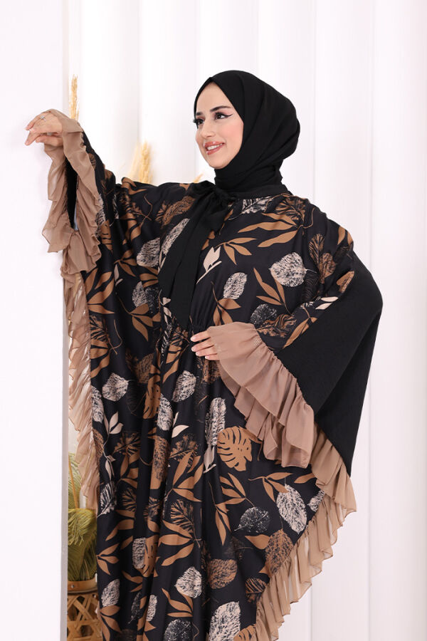 Yaprak Desenli Şifon Fırfır Detaylı Yarasakol Elbise 3816 Vizon - 5