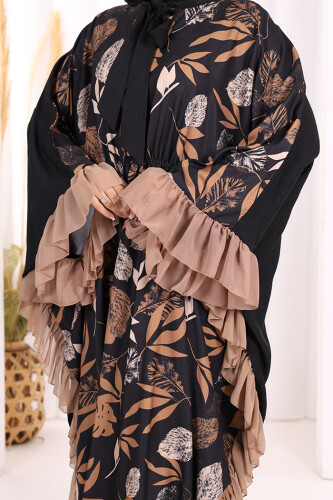 Yaprak Desenli Şifon Fırfır Detaylı Yarasakol Elbise 3816 Vizon - 6