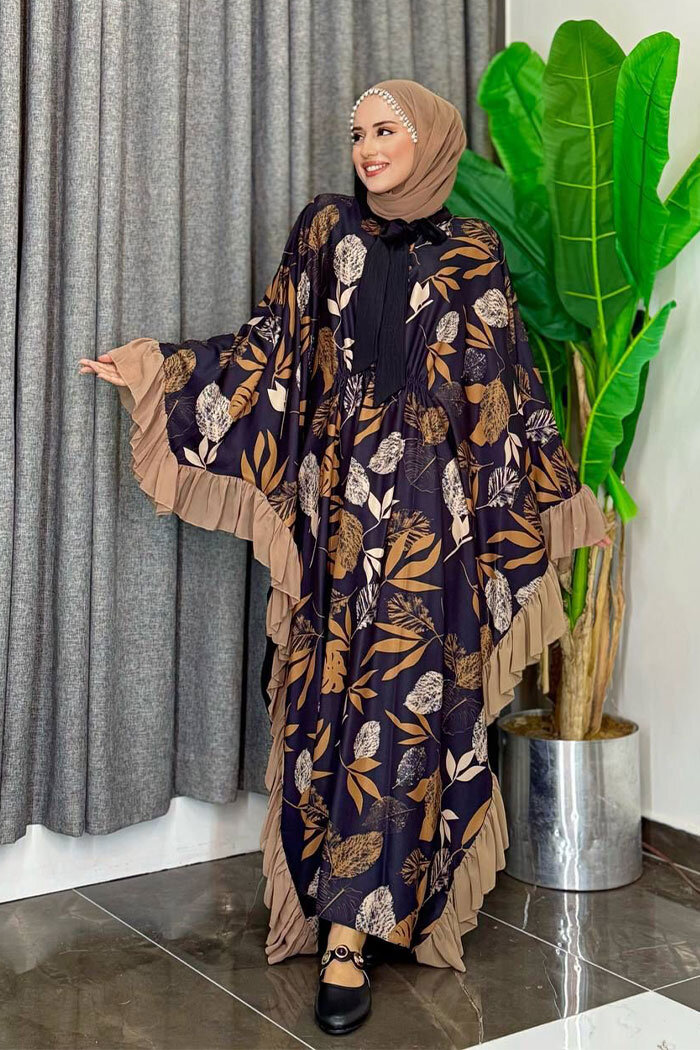 Yaprak Desenli Şifon Fırfır Detaylı Yarasakol Elbise 3816 Vizon - 9