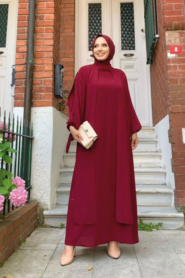 Parça Görünümlü Balonkol Detay Elbise 3818 Bordo - 5