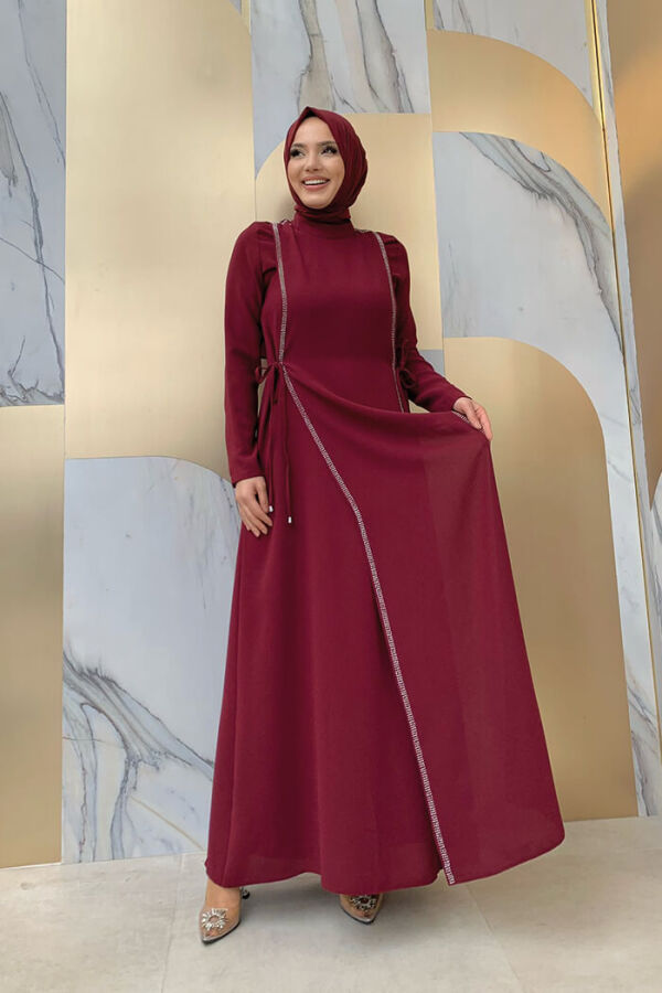 Taş Detaylı Yanları Bağcıklı Elbise 3826 Bordo - 5