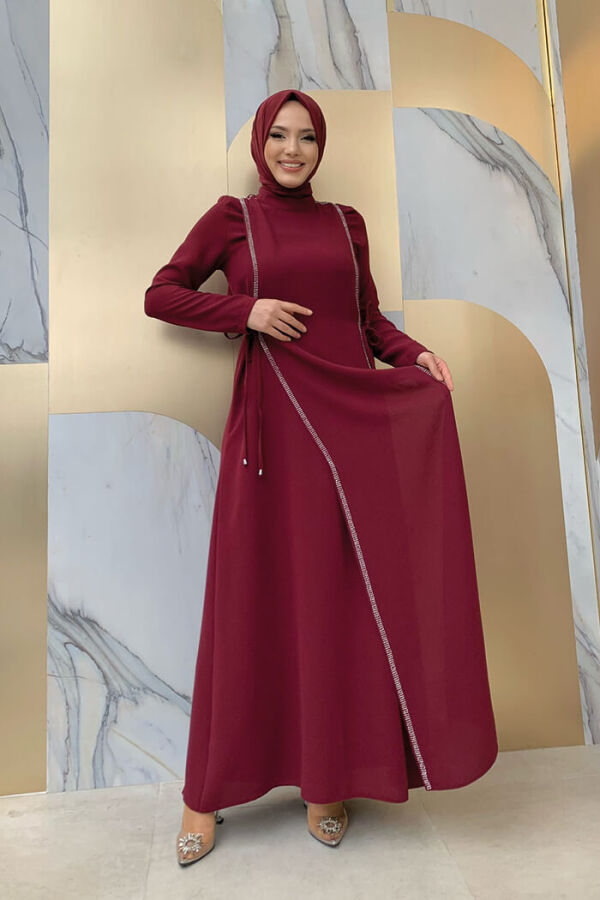 Taş Detaylı Yanları Bağcıklı Elbise 3826 Bordo - 7