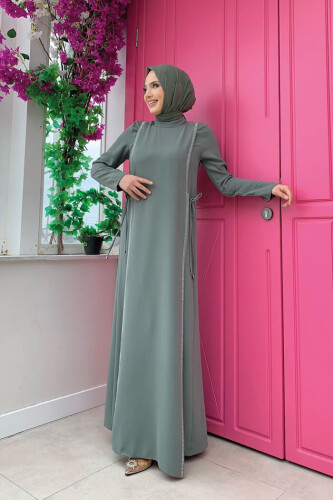 Taş Detaylı Yanları Bağcıklı Elbise 3826 Mint - 5