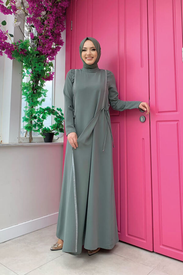 Taş Detaylı Yanları Bağcıklı Elbise 3826 Mint - 6