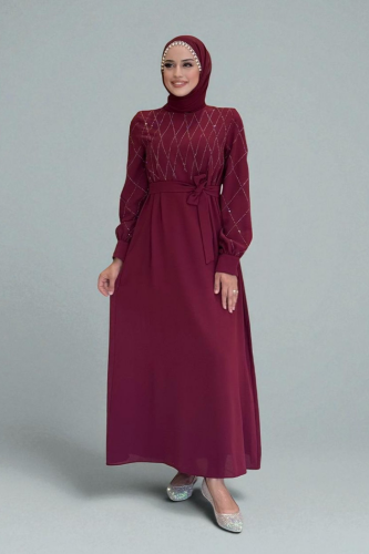 Taş İşlemeli Kuşaklı Elbise 3830 Bordo 
