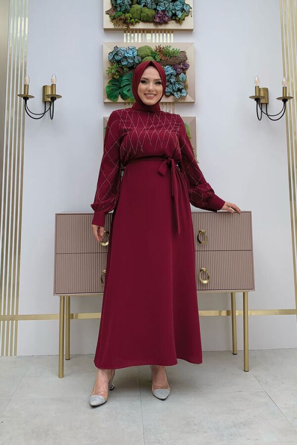 Taş İşlemeli Kuşaklı Elbise 3830 Bordo - 2