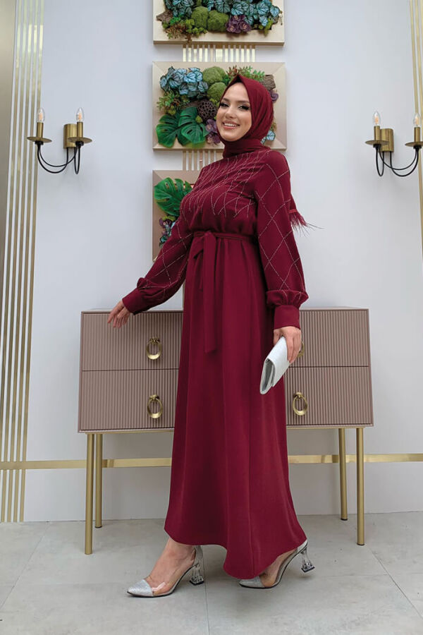 Taş İşlemeli Kuşaklı Elbise 3830 Bordo - 4
