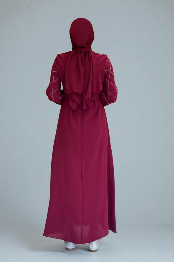 Taş İşlemeli Kuşaklı Elbise 3830 Bordo - 2