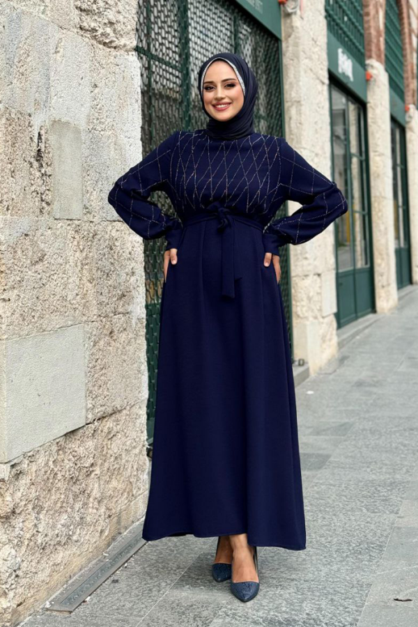 Taş İşlemeli Kuşaklı Elbise 3830 Lacivert - 2